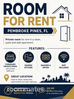 Room for rent in Pembroke Pines, FL $1100, house