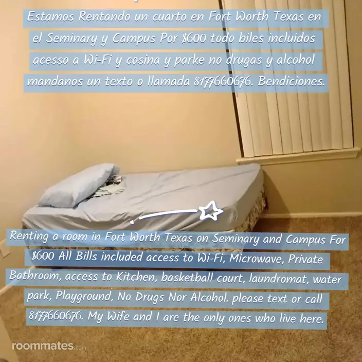 Room for rent in Fort Worth, TX $600, apartment