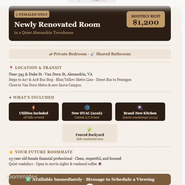Room for rent in Alexandria, VA $1200, townhouse
